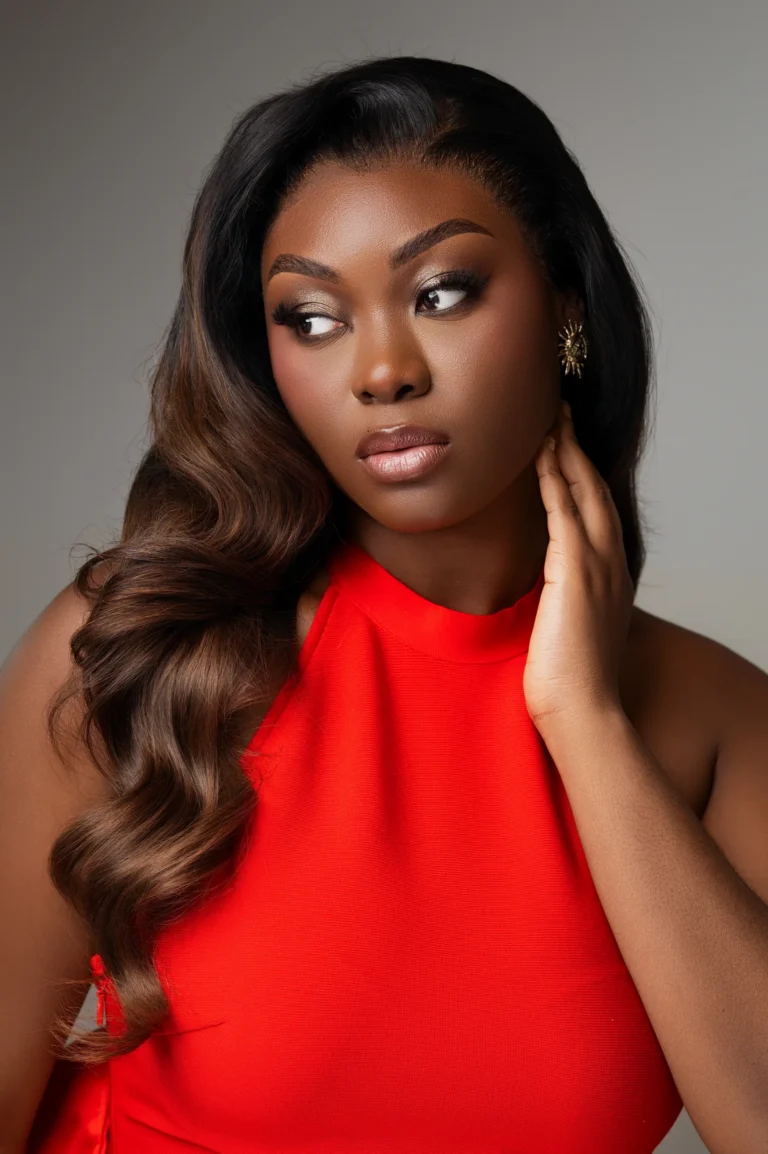 Longues ondulations et maquillage glamour, robe rouge